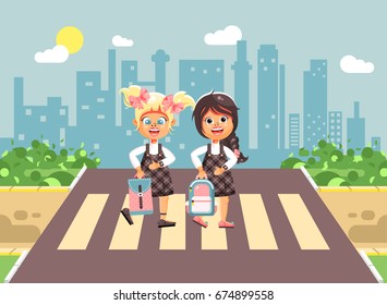 Stock vector illustration cartoon characters children, observance traffic rules, girls schoolgirls, classmates pupils go to road pedestrian zone crossing, on city background, back to school flat style