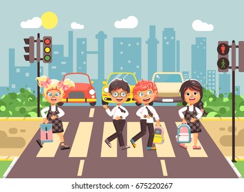 Stock vector illustration cartoon characters children, observance traffic rules, boys and girls school children, classmates go to road pedestrian zone crossing, city background back to school flat style
