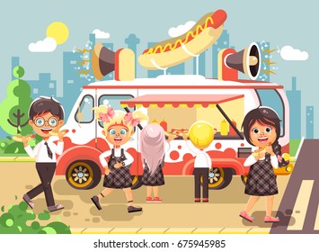 Stock vector illustration cartoon characters children, pupils, schoolboys and schoolgirls buy fast food, sandwiches, hot dogs, sausage from car, meals on wheels, street food, school snack flat style