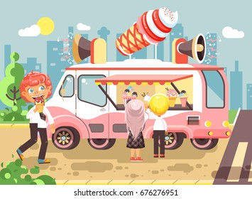 Stock vector illustration cartoon characters children, pupils, schoolboys and schoolgirls buy ice cream, vanilla, chocolate, popsicles from car, meals on wheels, street food, school snack flat style