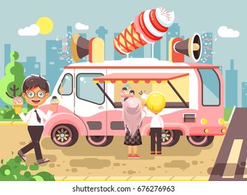 Stock vector illustration cartoon characters children, pupils, schoolboys and schoolgirls buy ice cream, vanilla, chocolate, popsicles from car, meals on wheels, street food, school snack flat style