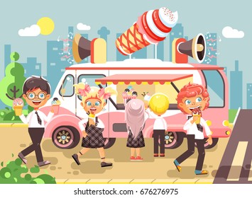 Stock vector illustration cartoon characters children, pupils, schoolboys and schoolgirls buy ice cream, vanilla, chocolate, popsicles from car, meals on wheels, street food, school snack flat style
