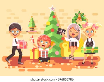 Stock vector illustration cartoon characters children, boys and girls in room under Christmas tree, happy New Year and Christmas, give gifts, rejoice and celebrate flat style element for motion design