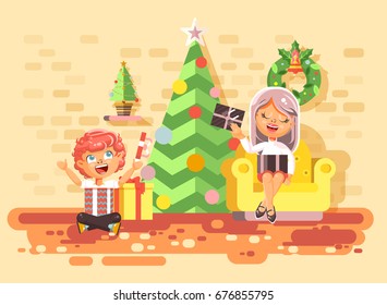Stock vector illustration cartoon characters children, boys and girls in room under Christmas tree, happy New Year and Christmas, give gifts, rejoice and celebrate flat style element for motion design