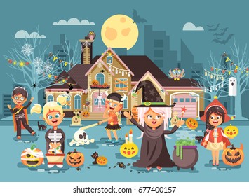 Stock vector illustration cartoon characters children Trick-or-Treat, boy, girl costumes, fancy dresses celebrate holiday party Happy Halloween, decorated pumpkins, skeletons, volatile mice flat style