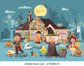Stock vector illustration cartoon characters children Trick-or-Treat, boy, girl costumes, fancy dresses celebrate holiday party Happy Halloween, decorated pumpkins, skeletons, volatile mice flat style