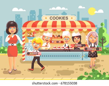 Stock vector illustration cartoon characters children, pupils, schoolboys and schoolgirls little business sale manufacture of baking cookies, muffins, stall meals, food, school task snack flat style