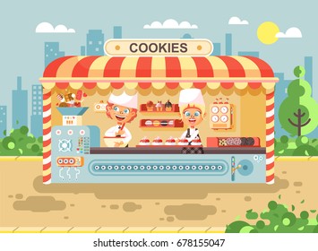 Stock vector illustration cartoon characters children, pupils, schoolboys and schoolgirls little business sale manufacture of baking cookies, muffins, stall meals, food, school task snack flat style