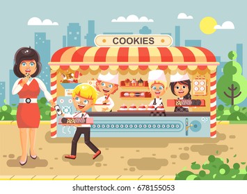 Stock vector illustration cartoon characters children, pupils, schoolboys and schoolgirls little business sale manufacture of baking cookies, muffins, stall meals, food, school task snack flat style