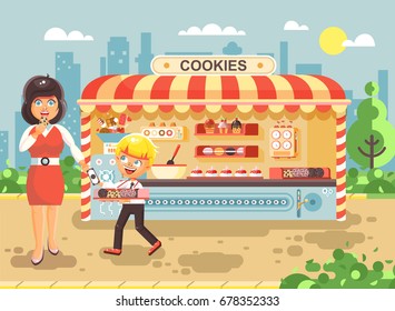 Stock vector illustration cartoon characters child pupil schoolboy seller boy sales to woman muffin, cupcake, cake, sweet, pastries, biscuit manufactures of baking cookies, cooking business flat style