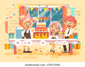 Stock vector illustration cartoon characters children, friends, boys, girls celebrate happy birthday, congratulating, giving gifts, huge festive cake with candles flat style on background of window