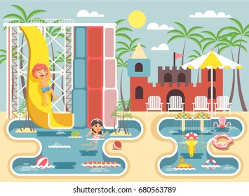 Stock vector illustration cartoon characters children, boy riding water slide and girl swimming pool frolicking or resting in aqua park, water attractions, deckchairs under sun umbrella flat style