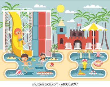 Stock vector illustration cartoon characters children, boys and girls frolicking or resting water park, water attractions, riding water slide swim pool, sit on deckchairs under sun umbrella flat style
