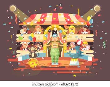 Stock vector illustration cartoon characters children, schoolboy, schoolgirl, boys and girls watching performance in interior of circus, show clown juggles on arena, perform trained animals flat style