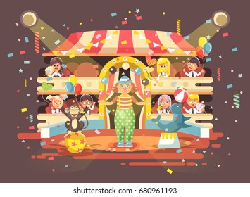 Stock vector illustration cartoon characters children, schoolboy, schoolgirl, boys and girls watching performance in interior of circus, show clown juggles on arena, perform trained animals flat style