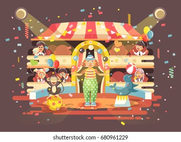 Stock vector illustration cartoon characters children, schoolboy, schoolgirl, boys and girls watching performance in interior of circus, show clown juggles on arena, perform trained animals flat style