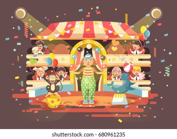 Stock vector illustration cartoon characters children, schoolboy, schoolgirl, boys and girls watching performance in interior of circus, show clown juggles on arena, perform trained animals flat style