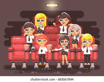 Stock vector illustration cartoon characters children, classmates, pupils, schoolboys, schoolgirls, boys, girls sitting in armchairs, cinema hall, eat popcorn, watching movie in 3d glasses flat style