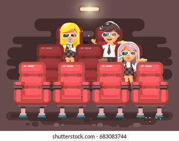Stock vector illustration cartoon characters children, classmates, pupils, schoolboy, schoolgirls, boy and two girls sit in armchairs, cinema hall, eat popcorn, watching movie in 3d glasses flat style