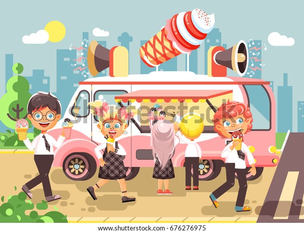 Stock vector illustration cartoon characters
children, pupils, schoolboys and schoolgirls buy ice cream,
vanilla, chocolate, popsicles from car, meals on wheels, street
food, school snack flat
style