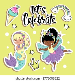 Stock vector illustration of cartoon fairy and mermaid. Fashion Birthday Patches