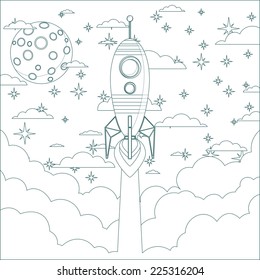 Stock Vector Illustration of a Cartoon Flying Rocket with Illyuminotor and Flames from the Engine.  Contour vector
