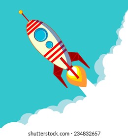 Stock Vector Illustration of a Cartoon Flying Rocket with Illyuminotor and Flames from the Engine with space for text in the clouds.  Contour vector