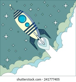 Stock Vector Illustration of a Cartoon Flying Rocket with Illyuminotor and Flames from the Engine with space for text in the clouds. Contour vector