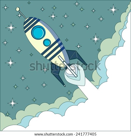 Stock Vector Illustration of a Cartoon Flying Rocket with Illyuminotor and Flames from the Engine with space for text in the clouds. Contour vector