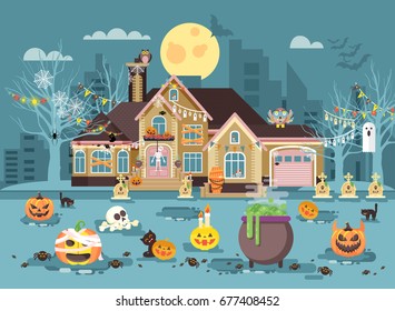 Stock vector illustration cartoon house with courtyard decorated pumpkins, skeletons, cauldron celebrate holiday party Happy Halloween, brochure, flyer, leaflet or card for Trick-or-Treat flat style