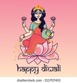 Stock Vector Illustration:
Cartoon vector indian goddess Lakshmi sitting on the lotus with pot of money and flowers in her hands. For postcard and posters or print on t-shirt. 