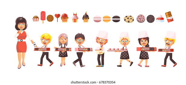 Stock vector illustration. cartoon isolated characters children, pupils, schoolboys, schoolgirls, woman, boys, girls sale baking cookies, muffins, cupcake, cake, pastries flat style white background