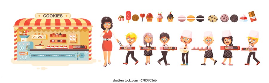 Stock vector illustration. cartoon isolated characters children, pupils, schoolboys, schoolgirls business sale of baking cookies, stall with muffins, cupcake, cake, pastries flat style white background