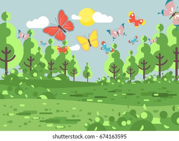 Stock vector illustration cartoon landscape of clearing, meadow, grassland, field, grass, lea, mead with trees lawn colorful butterflies, nature outdoor background flat style for banner, motion design