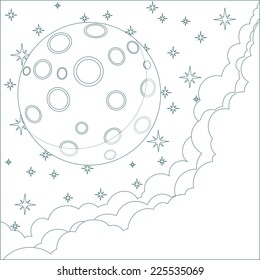 Stock Vector Illustration of a Cartoon moon in the starry sky with space for text in the clouds