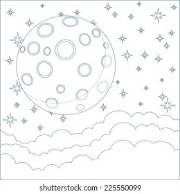 Stock Vector Illustration of a Cartoon moon in the starry sky with space for text in the clouds