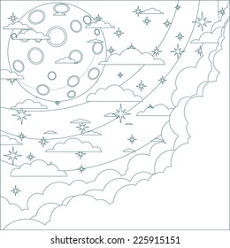 Stock Vector Illustration of a Cartoon moon in the starry cloudy sky with space for text in the clouds