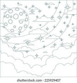 Stock Vector Illustration of a Cartoon moon in the starry sky with space for text in the clouds. Contour, outline