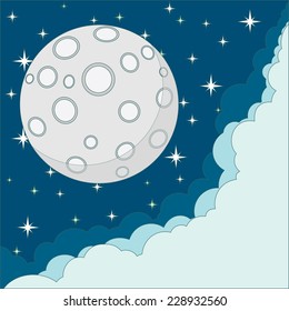 Stock Vector Illustration of a Cartoon moon with space for text in the clouds