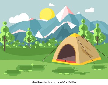 Stock vector illustration cartoon nature national park landscape with lonely tent camping hiking rules of survival bushes, lawn, trees, daytime sunny day, outdoor background of mountains in flat style