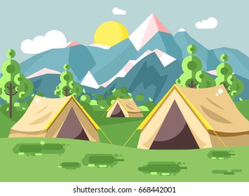 Stock vector illustration cartoon nature national park landscape with three tents camping hiking rules of survival bushes, lawn, trees, daytime sunny day, outdoor background of mountains in flat style