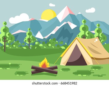Stock vector illustration cartoon nature national park landscape with lonely tent camping hiking bonfire, open fire, bushes lawn, trees, daytime sunny day outdoor background of mountains in flat style