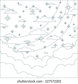 Stock Vector Illustration of a Cartoon Night without moon in the starry sky with space for text in the clouds. Contour, outline