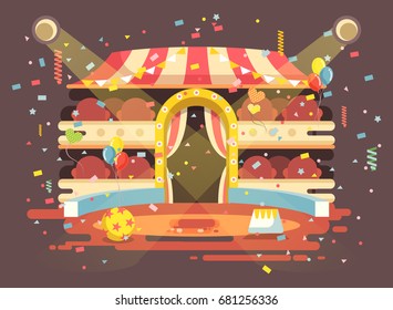 Stock vector illustration cartoon performance interior empty circus background, show on arena, perform with confetti in flat style for motion design, infographics, banner, brochure