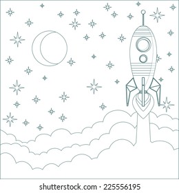Stock Vector Illustration of a Cartoon space Rocket , moon in the starry sky with space for text in the clouds