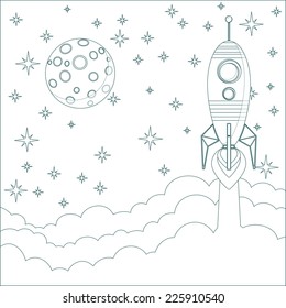 Stock Vector Illustration of a Cartoon space Rocket , moon in the starry sky with space for text in the clouds