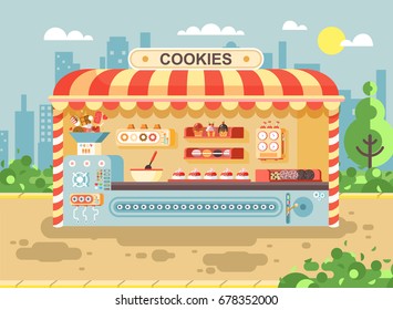 Stock vector illustration cartoon urban stall cooking business manufactures of baking cookies for sale, shelves with cupcakes, cakes, sweets, pastries, biscuits, muffins flat style on city background