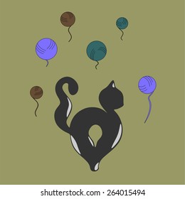 Stock Vector Illustration:
Cat and tangles. Silhouette of cat with balls on a dark background.