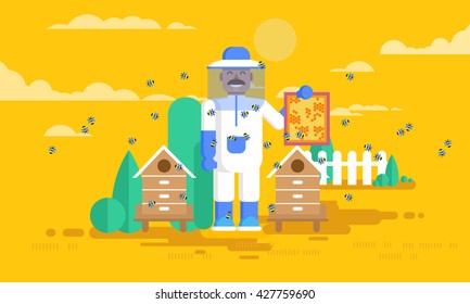 Stock vector illustration of character beekeeper in beekeeping clothing, in mask, hat, bees, beehives, apiculture business in flat style element for info graphic, website