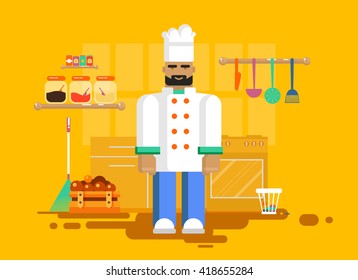 Stock vector illustration of character chef in uniform, utensils, furniture. Chief-cooker kitchen of restaurant, cafe, flat style element for info graphic, website, game, motion design